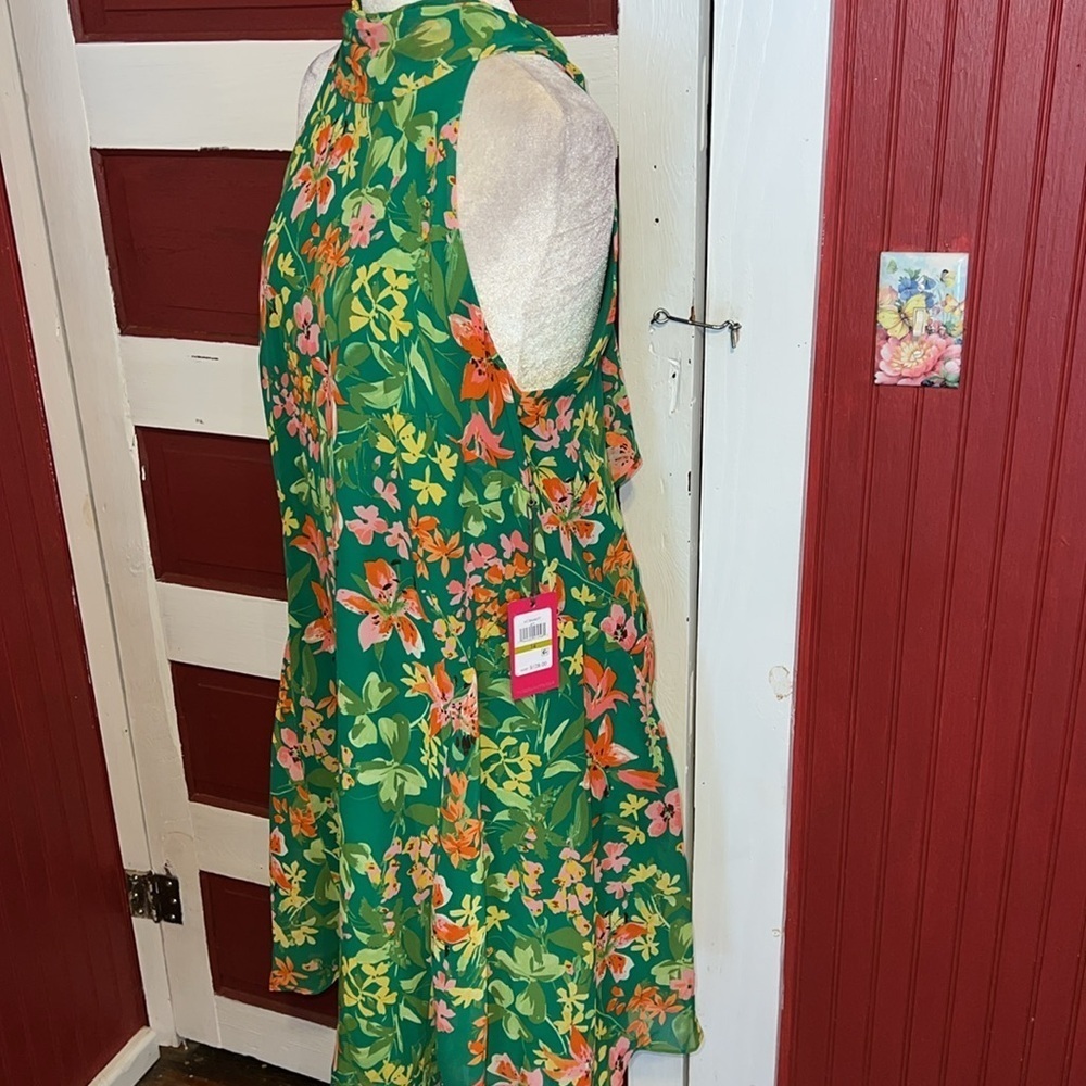 NWT Vince Camuto $128 Green Floral Sleeveless High Tie Neck Chiffon Dress 14 - Picture 3 of 8